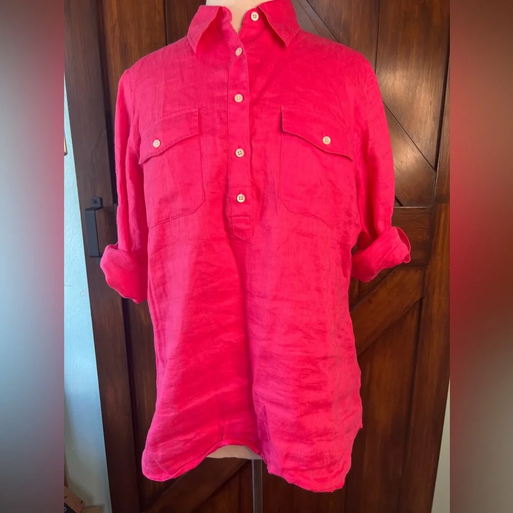 Lauren Ralph Lauren 100% Linen Vibrant Pink 3/4 Sleeve Tunic Shirt Blouse M - Picture 1 of 6